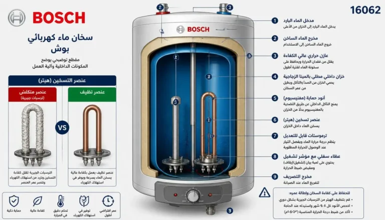 إظهار أجزاء داخلية لسخان بوش مع رواسب جيرية على المقاومة، مقارنة بين مقاومة نظيفة وأخرى متآكلة، لوجو بوش، رقم 16062