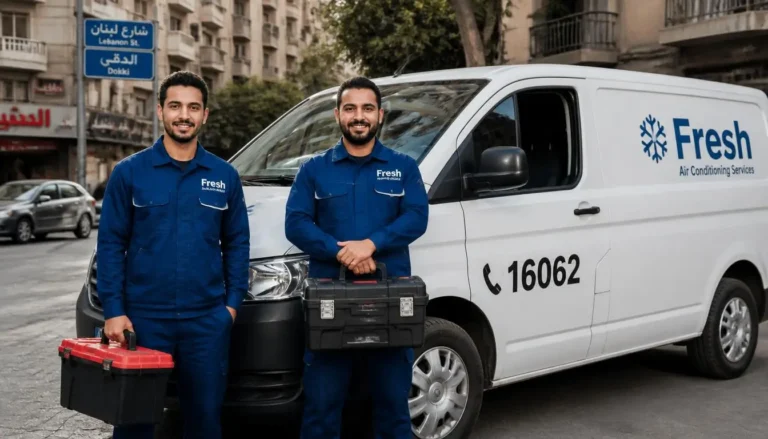 فريق صيانة سخانات فريش في الدقي فنيون معتمدون بزي موحد وصندوق أدوات احترافي، رقم الصيانة 16062