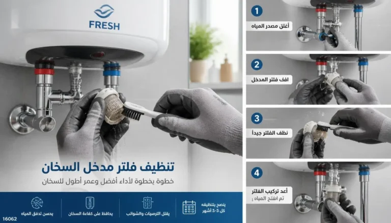 رجل يفحص سخان فريش كهربائي في الحمام، يشير لمؤشر الطاقة، لوجو فريش على السخان، رقم صيانة 16062