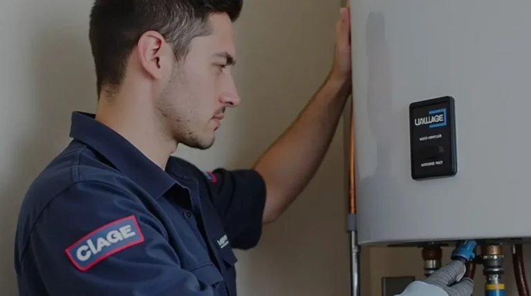 فني صيانة سخان كلاج يرتدي زيًا يحمل شعار كلاج ورقم الخط الساخن 16062 أثناء إجراء صيانة احترافية داخل منزل العميل في القاهرة.