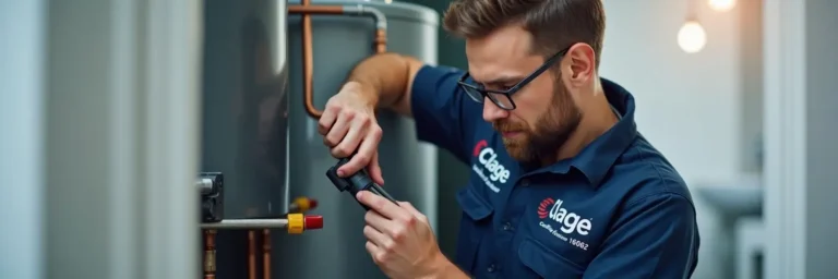 فني صيانة سخان كلاج يرتدي زيًا يحمل شعار كلاج ورقم الخط الساخن 16062 أثناء إجراء صيانة احترافية لجهاز كلاج داخل منزل العميل في القاهرة.