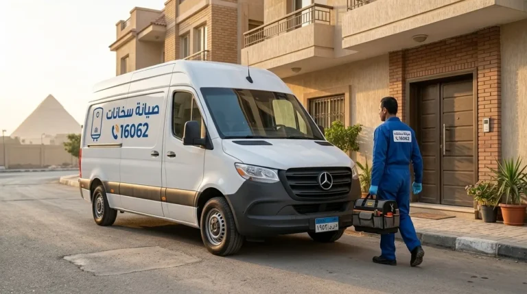 سيارة صيانة سخانات 16062 متوقفة أمام عمارة سكنية في الهرم