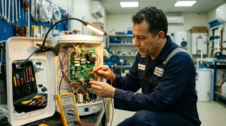 مهندس متخصص يفحص الدائرة الكهربائية لسخان كلاج لحل مشكلة كود الخطأ E1.