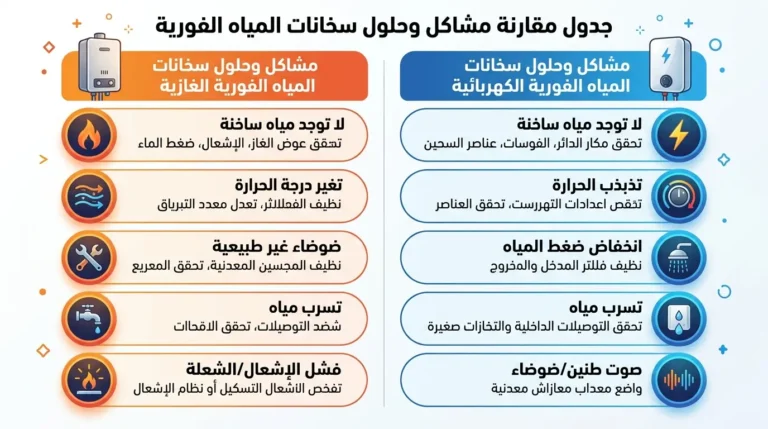 جدول مقارنة شاملة لأعطال سخان فوري الغاز والكهرباء وحلول الصيانة في القاهرة