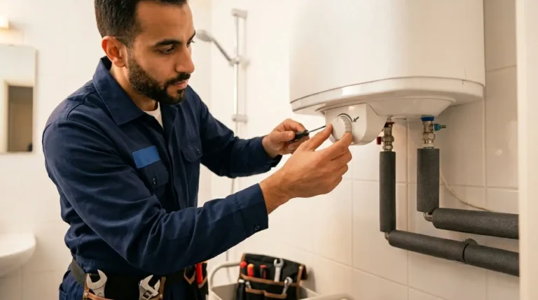 فني يضبط ترموستات سخان المياه الكهربائي على 60 درجة مئوية لتحقيق أفضل درجة حرارة للسخان في الشتاء