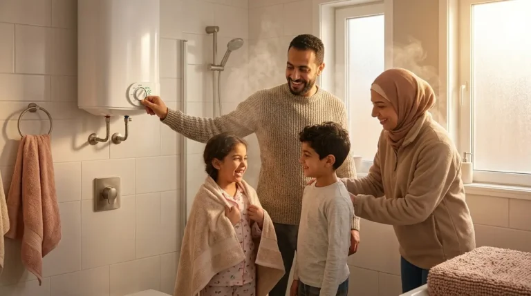 أب مصري يضبط سخان مياه كهربائي حديث في حمام دافئ بجانب أسرته لضمان سلامة الأطفال من الحروق وتوفير ماء ساخن آمن في الشتاء