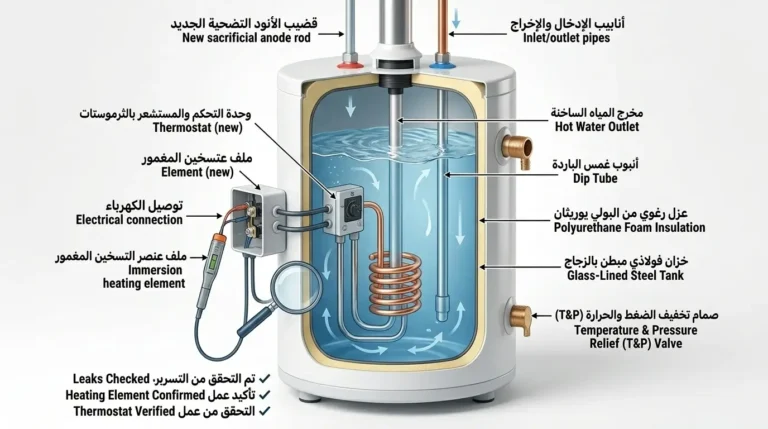مقطع تشريحي لسخان كهربائي يُظهر عنصر التسخين والثرموستات وقضيب الأنود من الداخل