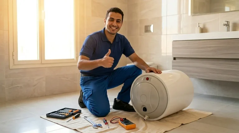 فني صيانة مصري يبتسم ويرفع إبهامه بعد إنهاء صيانة سخان في حمام منزلي حديث، أدوات منظمة بجانبه، إضاءة نهارية مبهجة. تُوضع في قسم الحلول أو قبل الـ Footer CTA.