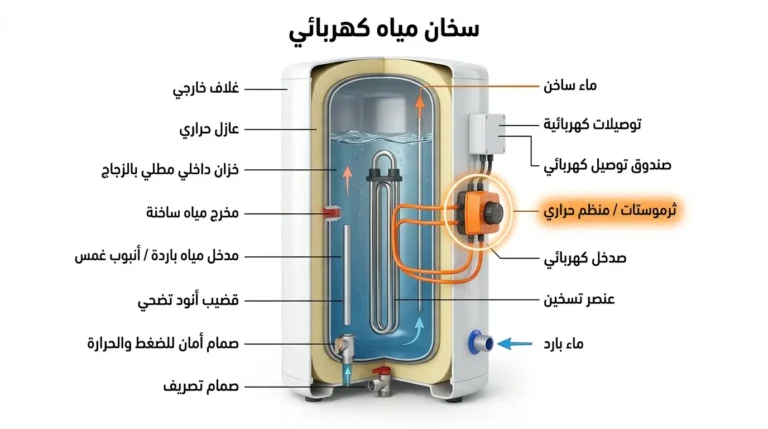 مقطع تشريحي يوضح موقع ثرموستات السخان الكهربائي وارتباطه بعنصر التسخين