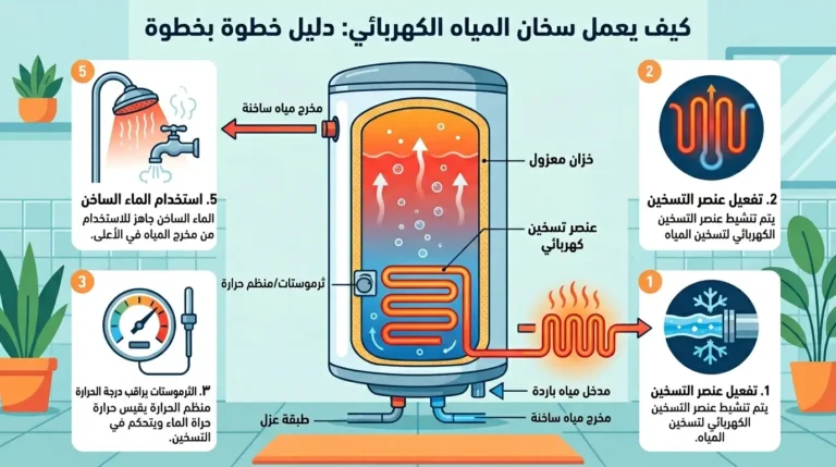 رسم بياني يشرح دورة عمل السخان الكهربائي من دخول الماء البارد من الأسفل حتى خروج الماء الساخن من الأعلى