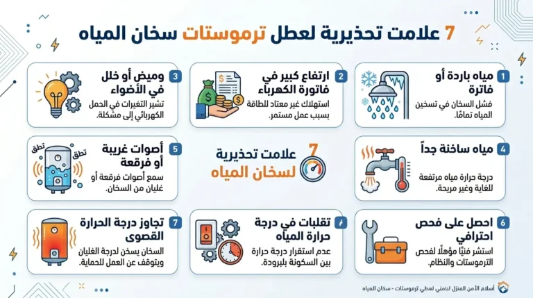 إنفوجرافيك يوضح سبع علامات تحذيرية تدل على تلف ثرموستات السخان وضرورة الاستبدال